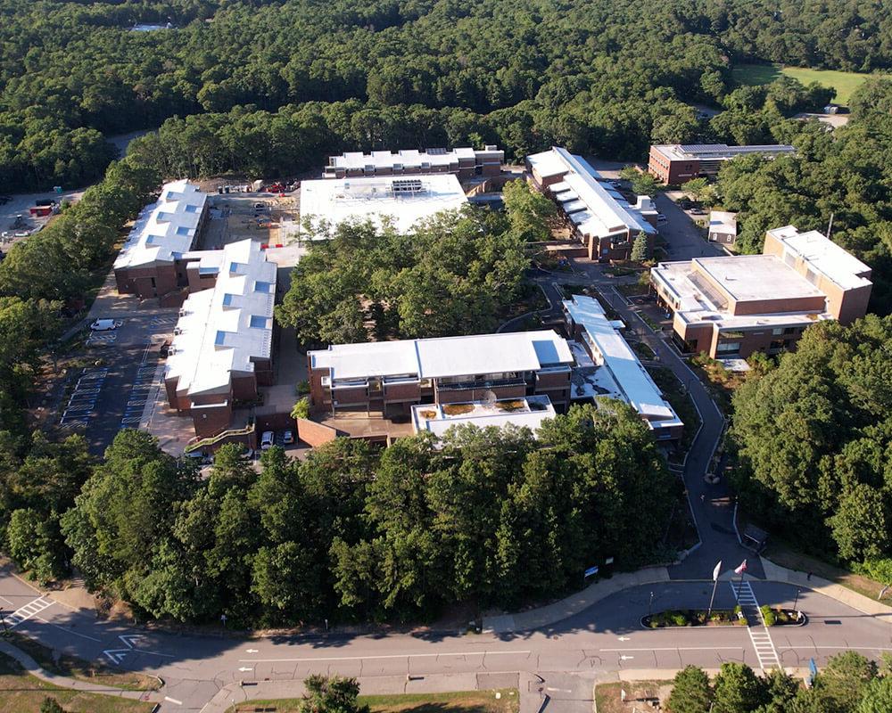 drone shot of campus